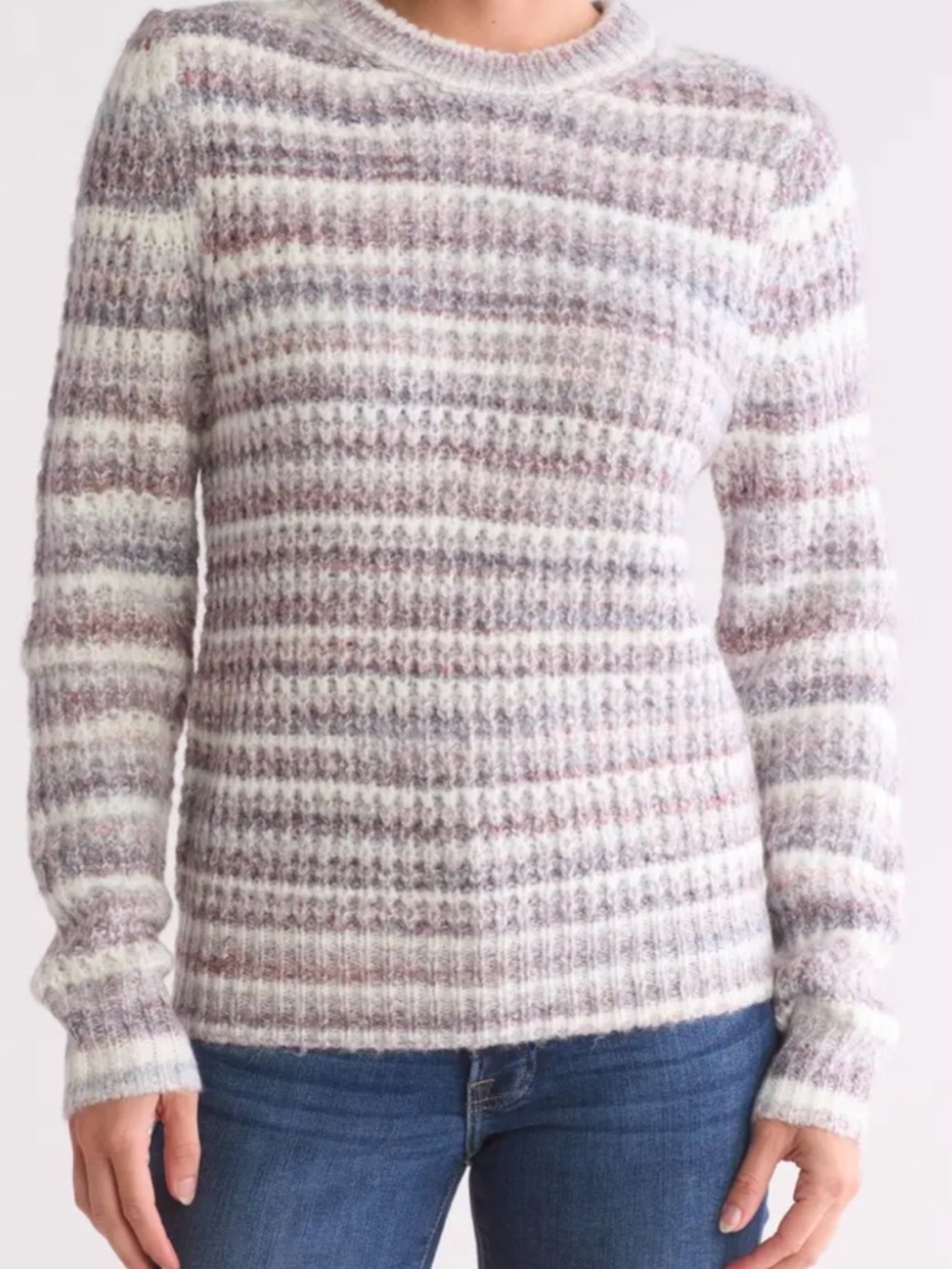 Caslon Striped Fuzzy Crewneck Sweater in Lavender, White and Light Gray